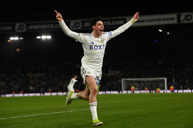 Leeds United's Archie Gray celebrates making it 2-1 versus Leicester. Picture: Jonathan Gawthorpe