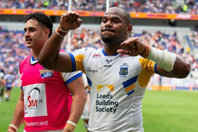 Leeds Rhinos' Maika Sivo, right, with teammate Keenan Palasia after the Magic Weekend win against Bradford Bulls at Hill Dickinson Stadium, Liverpool. Picture by Callum Pilkington/SWpix.com.