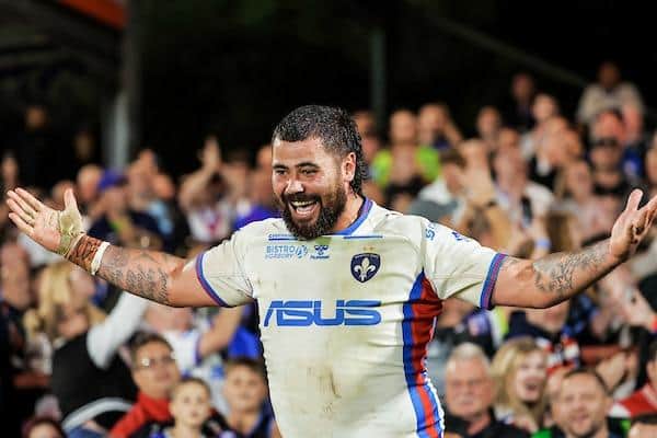 David Fifita celebrates with the fans at the end of his last game at Belle Vue. Picture by Alex Whitehead/SWpix.com.