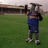 Mascot Ronnie the Rhino makes his debut, at Leeds Rhinos' home game against Oldham in March, 1997. Picture by Steve Riding.