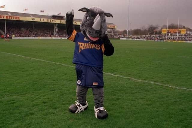 Mascot Ronnie the Rhino makes his debut, at Leeds Rhinos' home game against Oldham in March, 1997. Picture by Steve Riding.