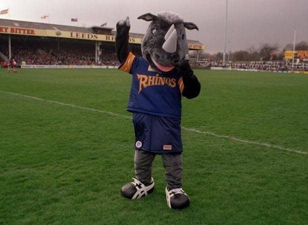 Mascot Ronnie the Rhino makes his debut, at Leeds Rhinos' home game against Oldham in March, 1997. Picture by Steve Riding.