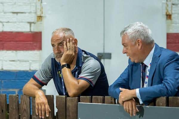 Trinity chief executive Michael Carter, left, with chairman John Minards during Wakefield's loss to Catalans in September. Picture by Allan McKenzie/SWpix.com.