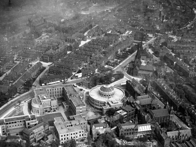 An aerial view of the Brotherton Library, The University of Leeds, Emmanuel Church and Woodhouse Lane in June 1935.