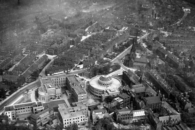 An aerial view of the Brotherton Library, The University of Leeds, Emmanuel Church and Woodhouse Lane in June 1935.