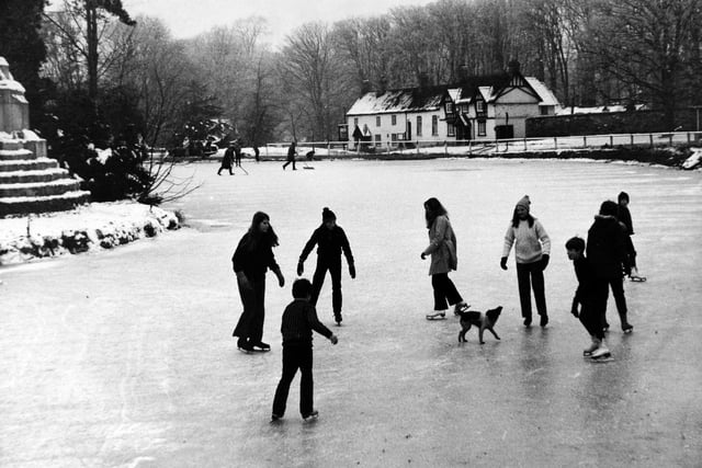 Skaters making the most of the wintry spell on the pond at Bishop Burton in January 1971.