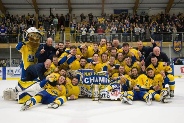 CHAMOPIONS: Leeds Knights celebrate their second successive NIHL National regular season league title. Picture: Knights Media.