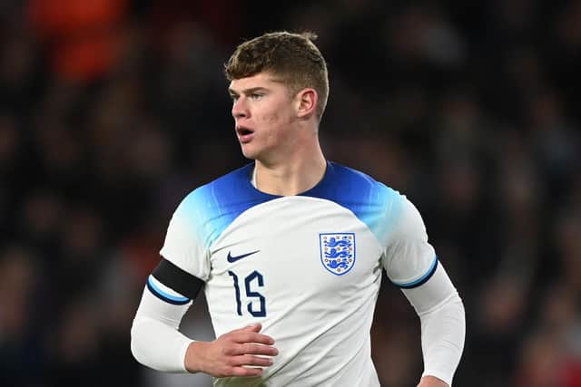 SHEFFIELD, ENGLAND - SEPTEMBER 27: Charlie Cresswell
of England during the International Friendly between England U21 and Germany U21 at Bramall Lane on September 27, 2022 in Sheffield, England. (Photo by Gareth Copley/Getty Images)