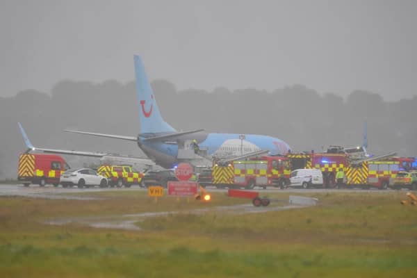A plane skidded off the runway at Leeds Bradford Airport this afternoon (October 20) as it landed in adverse weather conditions from Corfu. Photo: SWNS.