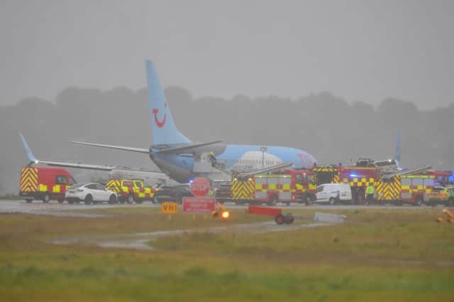 A plane skidded off the runway at Leeds Bradford Airport this afternoon (October 20) as it landed in adverse weather conditions from Corfu. Photo: SWNS.