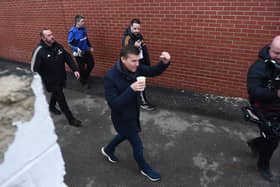 Former Leeds United head coach Jesse Marsch (C) gestures as he arrives ahead of the English FA Cup fourth round football match between Accrington Stanley and Leeds United at the Wham Stadium(Photo by PETER POWELL/AFP via Getty Images)