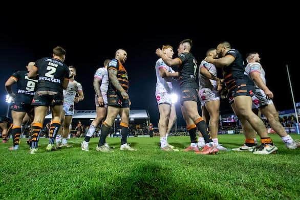 Rival players shake hands after Castleford's win over Leeds at the Jungle in March. Picture by Allan McKenzie/SWpix.com.