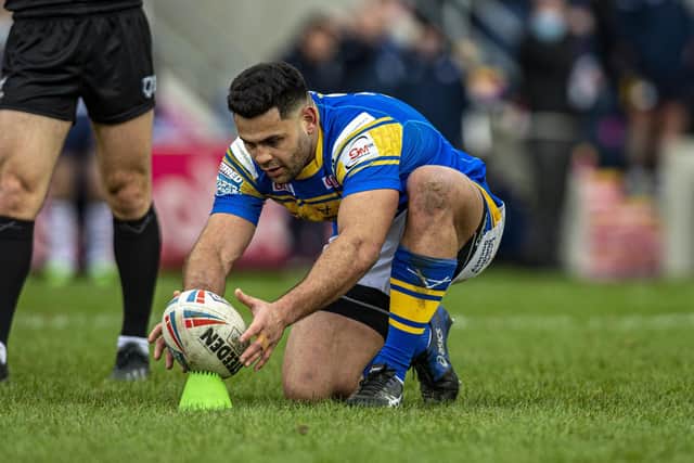 Rhyse Martin lines up a kick for Rhinos. Picture by Tony Johnson.