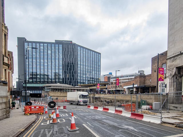 How Bishopgate Street looks today after months of preliminary work for the Leeds Station Sustainable Travel Gateway scheme.
