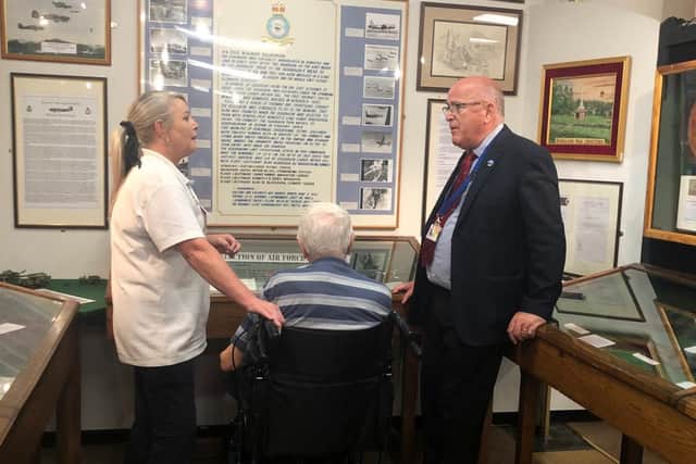 Resident Ted Bardy, Wellbeing Coordinator Pauline Hagan from HC-One’s Mossdale Residence Care Home and representative from Kohima Museum