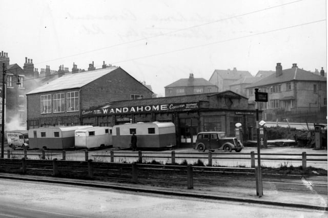 Stanningley Road near the junction with Armley Ridge Road in January 1953. Wandahome caravan sales, petrol and equipment is in the centre of the picture.