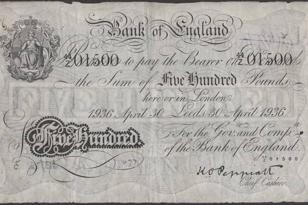 The "extremely rare" £500 note from the Bank of England branch in Leeds dated 1936 is set to fetch between £18,000 and £20,000 at auction.
