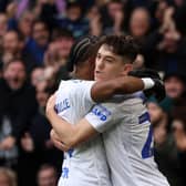 'TINY TERRORS': Leeds United pair Crysencio Summerville, left, and Dan James, pictured celebrating after James had fired the Whites into an early lead against Saturday's Championship visitors Huddersfield Town at Elland Road. Photo by George Wood/Getty Images.