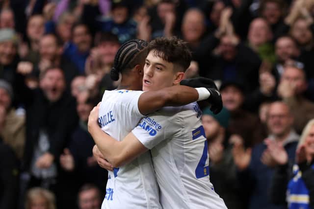 'TINY TERRORS': Leeds United pair Crysencio Summerville, left, and Dan James, pictured celebrating after James had fired the Whites into an early lead against Saturday's Championship visitors Huddersfield Town at Elland Road. Photo by George Wood/Getty Images.