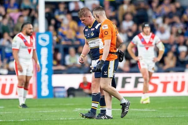 Rhinos' Tom Holroyd hobbled off with cramp in the second half, but managed to return. Picture by Allan McKenzie/SWpix.com.