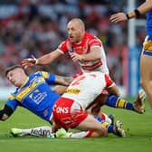 Liam Sutcliffe played his last competitive game for Rhinos at Old Trafford. Picture by Ed Sykes/SWpix.com.