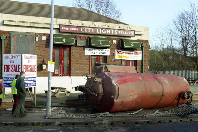 A tanker carrying beer from Tetley's Brewery ioverturned outside the City Lights pub at the junction of Selby Road and York Road in March 2000.