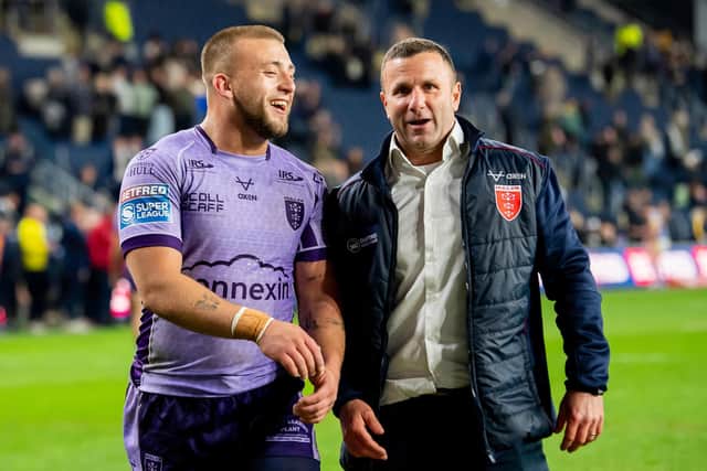 Hull KR's Mikey Lewis and coach Willie Peters celebrate victory over Leeds Rhinos.Picture by Allan McKenzie/SWpix.com.