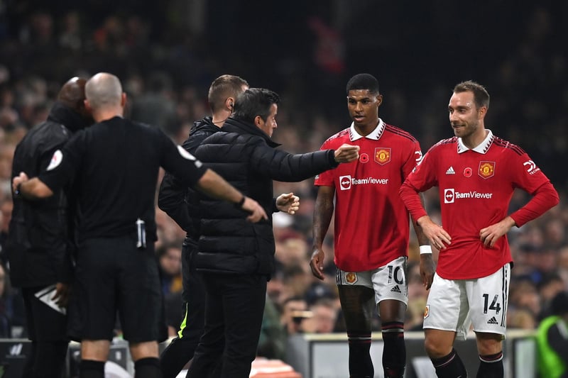 LONDON, ENGLAND - NOVEMBER 13: Marco Silva, Head Coach of Fulham interacts with Marcus Rashford and Christian Eriksen of Manchester United during the Premier League match between Fulham FC and Manchester United at Craven Cottage on November 13, 2022 in London, England. (Photo by Justin Setterfield/Getty Images)