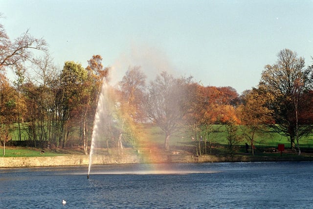 A rainbow in the fountain on the Upper Lake at Roundhay Park in November 1998.