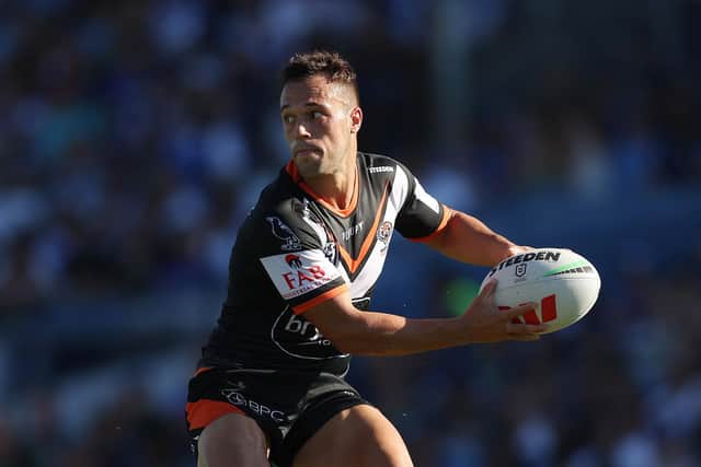 Luke Brooks on the ball for Wests Tigers against Canterbury Bulldogs last weekend. Picture by Mark Metcalfe/Getty Images.