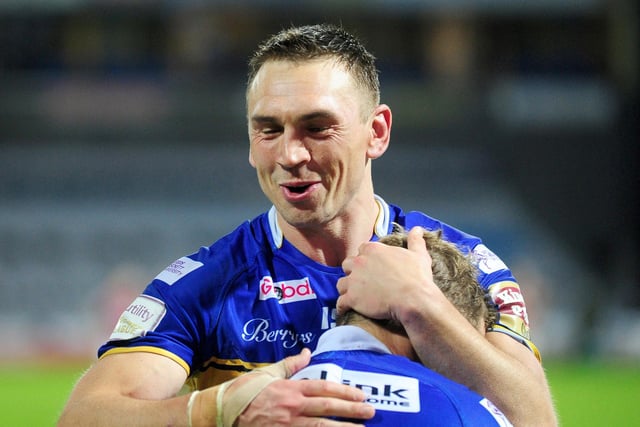 Kevin Sinfield and Rob Burrow hug it out at the final whistle as Super 8s delivered a night of high drama with Leeds Rhinos snatching a remarkable 20-16 victory at Huddersfield Giants to win League Leaders' Shield in September 2015.