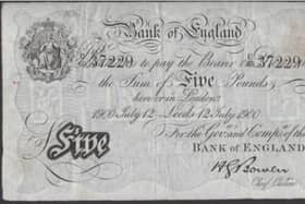 The 'exceptionally rare' £5 note was issued in Leeds. Photo: Noonans
