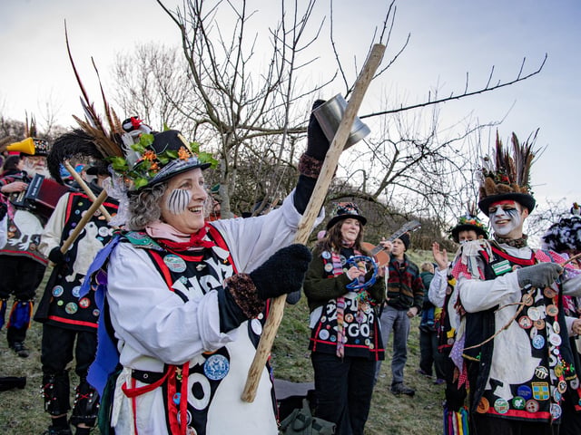 Pam Leach of Wharfedale Wayzgoose Border Morris at the 5th Wassail held at the Otley Chevin Orchard Project (near the White House) above Otley on Saturday. Photograph by Tony Johnson.  10th January 2026.