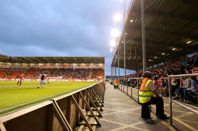 BLACKPOOL, ENGLAND - JULY 27: A general view inside the stadium as fans watch on during the Pre-Season Friendly match between Blackpool and Burnley at Bloomfield Road on July 27, 2021 in Blackpool, England. (Photo by Lewis Storey/Getty Images)