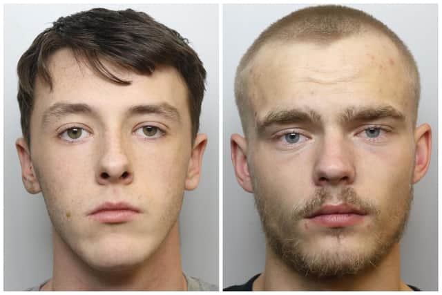 Woodcock (left) and Crawshaw were both jailed for the violent street robbery in which they stole a man's trainers, along with phones and a silver chain.