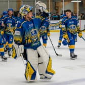 LEADING MAN: Netminder Sam Gospel acknowledges his man of the match award with his Leeds Knights team-mates behind him. Picture courtesy of Anna Alarie.