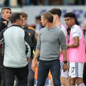HEATED: Exchanges between Leeds United head coach Jesse Marsch, centre, and Wolves boss Bruno Lage, left. Photo by David Rogers/Getty Images.