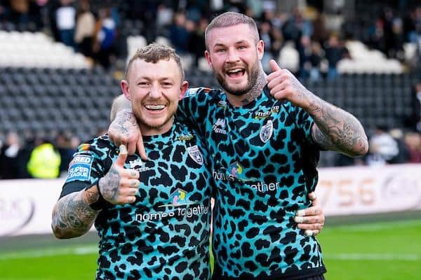Leigh's prolific try scorer Josh Charnley, left, with teammate and ex-Rhinos star Zak Hardaker. Picture by Allan McKenzie/SWpix.com.