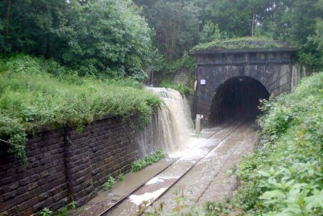 A view of floodwater entering the Horsforth end of Bramhope Tunnel after Moseley Beck had burst its banks in  the summer of 2008.