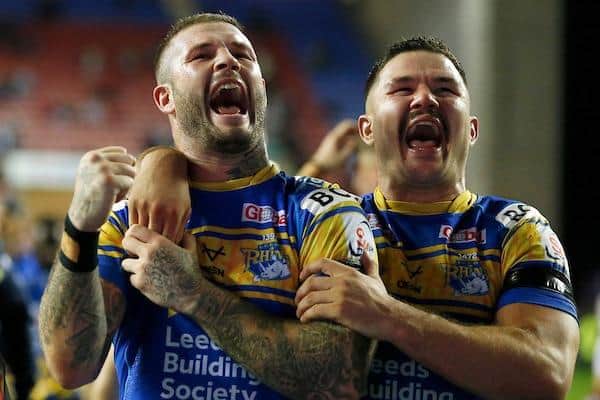 James Bentley, right, with Zak Hardaker after Rhinos' semi-final win at Wigan. Picture by Ed Sykes/SWpix.com.