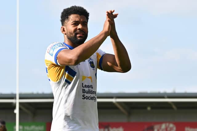 Kallum Watkins celebrates Leeds Rhinos' win at York Knights. Picture by Matthew Merrick/SWpix.com.
