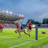 Alfie Edgell completes his hat-trick in Leeds Rhinos' win against Salford Red Devils at AMT Headingley. Picture by Allan McKenzie/SWpix.com.