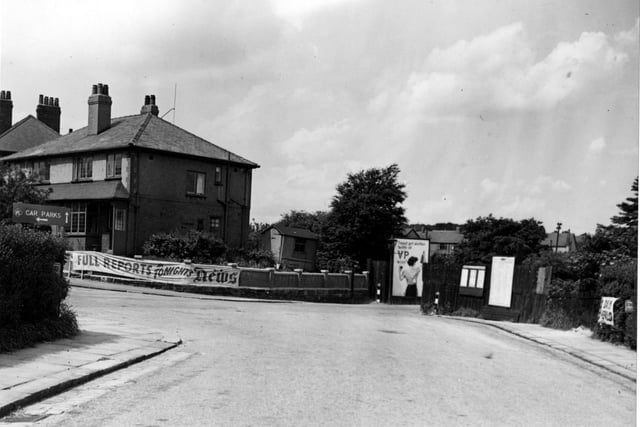 The junction of St.Michael's Lane and St. Anne's Drive on the southern approach to Headingley cricket and rugby grounds. Pictured in July 1956.