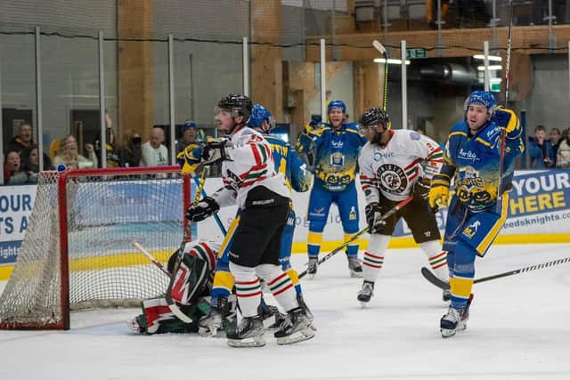 UNBEATEN: Leeds Knights' Zach Brooks celebrates putting his team 2-1 ahead against Basingstoke Bison at Elland Road Ice Arena last Sunday. Picture courtesy of Anna Alarie/Oliver Portamento.