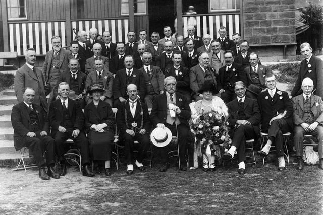 Official picture of a group of dignitaries at the opening of a new golf house at Middleton Park Municipal Golf Course in May 1934. They include Alderman William Hemingway who performed the task of opening the building. The golf house was situated in Middleton Lodge, originally built in 1760 as a residence for the Brandling family.