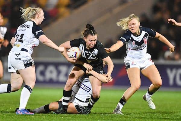 Georgia Hale in World Cup semi-final action for New Zealand against England. Picture by Will Palmer/SWpix.com.