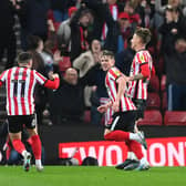 JOY: For Joe Gelhardt, centre, who set up Sunderland's third goal for Jack Clarke, right, en route to the Black Cats sealing a play-offs place. Photo by Stu Forster/Getty Images.