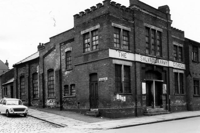 Salvaton Army Citadel on Jack Lane pictured in June 1964. Rylstone street is on the left. The Salvation Army was set up in 1865 by William Booth, he began a Christian Mission to help the poor in London's East End. He called his followers a 'Volunteer Army', but to avoid confusion with the armed forces it became the 'Salvation Army' and uniforms and ranks were adopted. Victorians easily recognised the symbolism and many joined 'to do battle with the devil'. Booth died in 1912, by then the Salvation Army had become a recognised force for good.