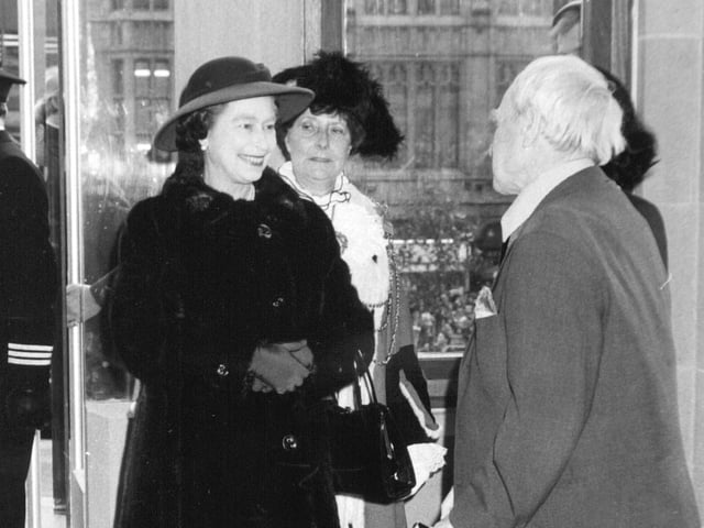 The Queen chats with Yorkshire born sculptor Henry Moore at the new-look Leeds City Art Gallery in November 1982.