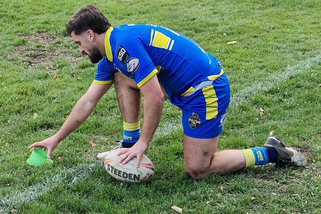 Oulton Raiders' Archie Craggs lines up a touchline conversion during the play-off semi-final win at Dewsbury Celtic.